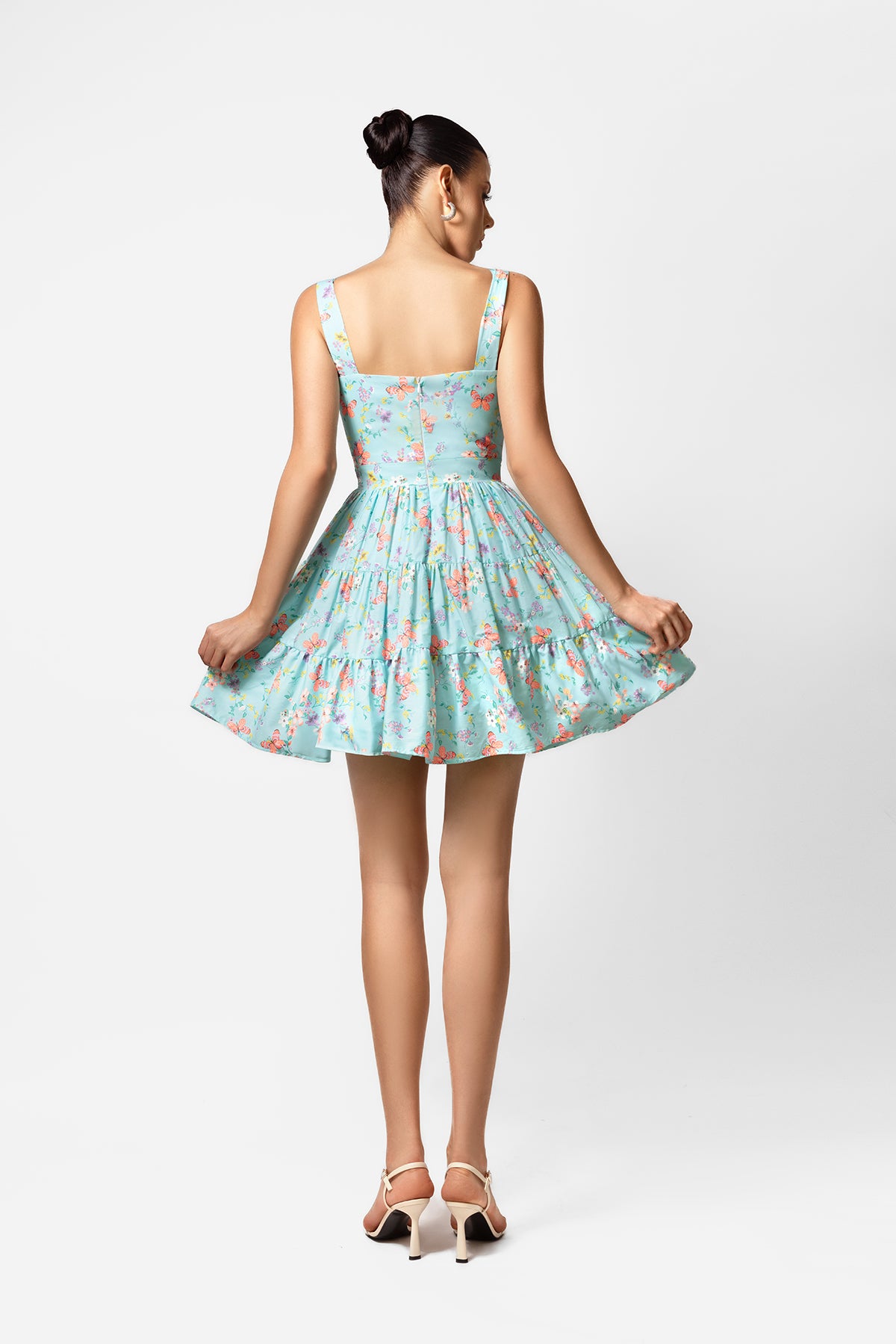 Mint Floral Cotton Mini Dress with Square Neck and Tiered Skirt