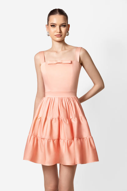 Peach Mini Dress with Square Neck and Tiered Skirt