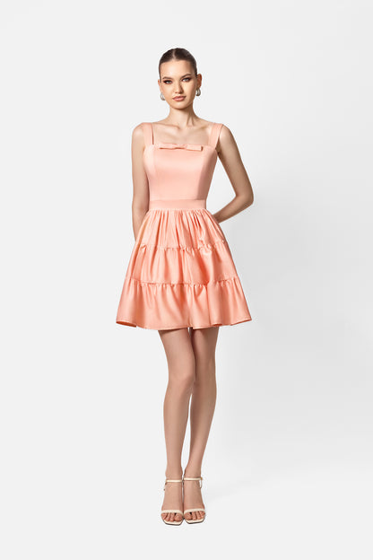 Peach Mini Dress with Square Neck and Tiered Skirt