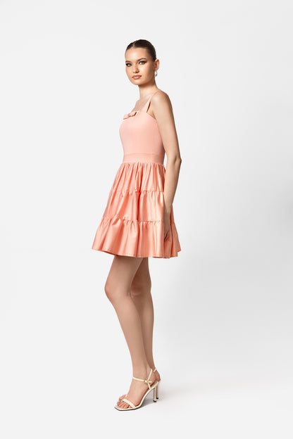 Peach Mini Dress with Square Neck and Tiered Skirt