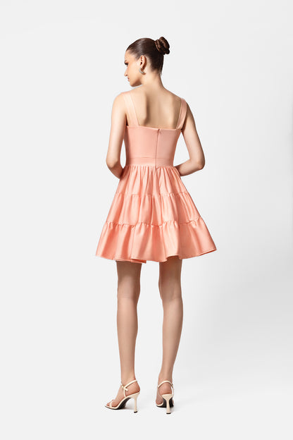 Peach Mini Dress with Square Neck and Tiered Skirt