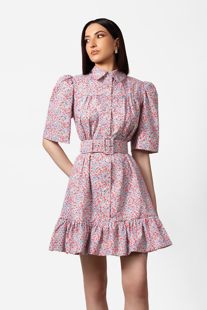 Floral Belted Mini Dress with Puff Sleeves