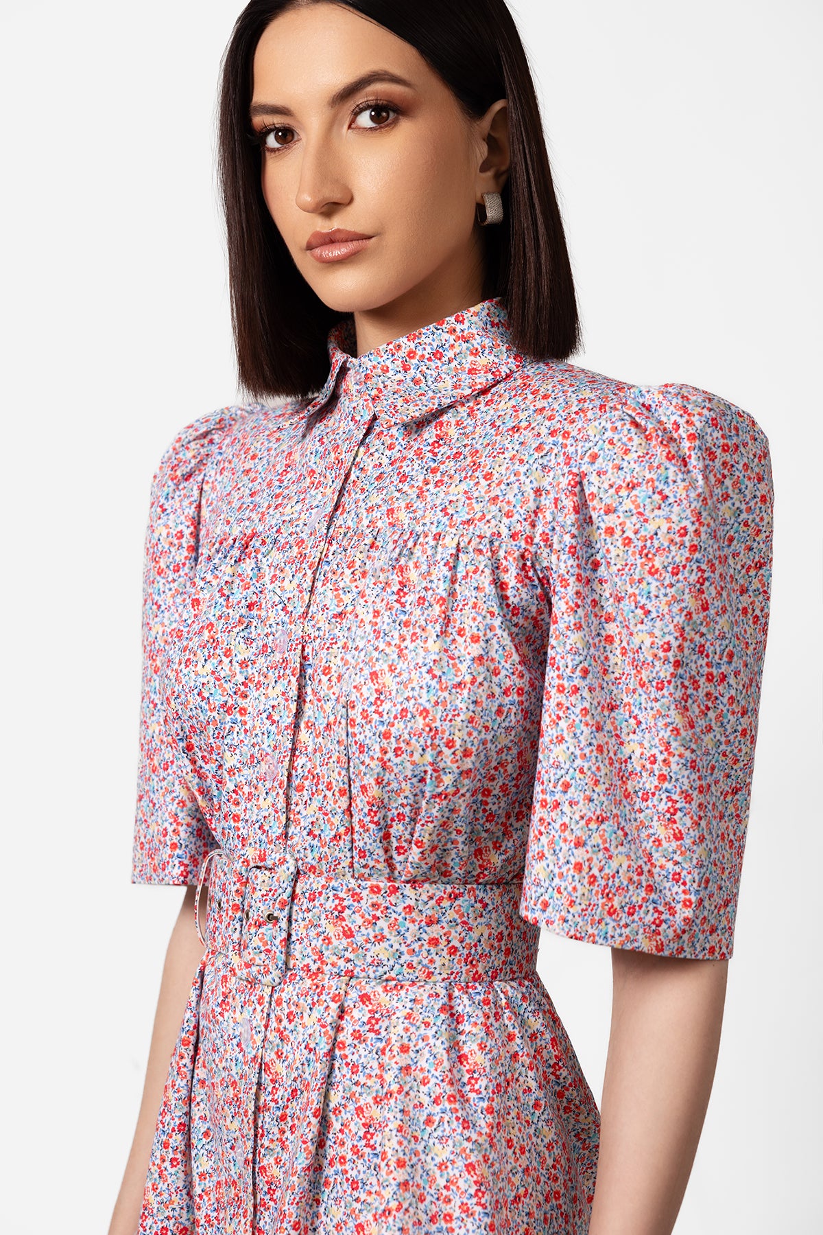 Floral Belted Mini Dress with Puff Sleeves