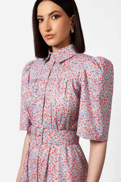 Floral Belted Mini Dress with Puff Sleeves