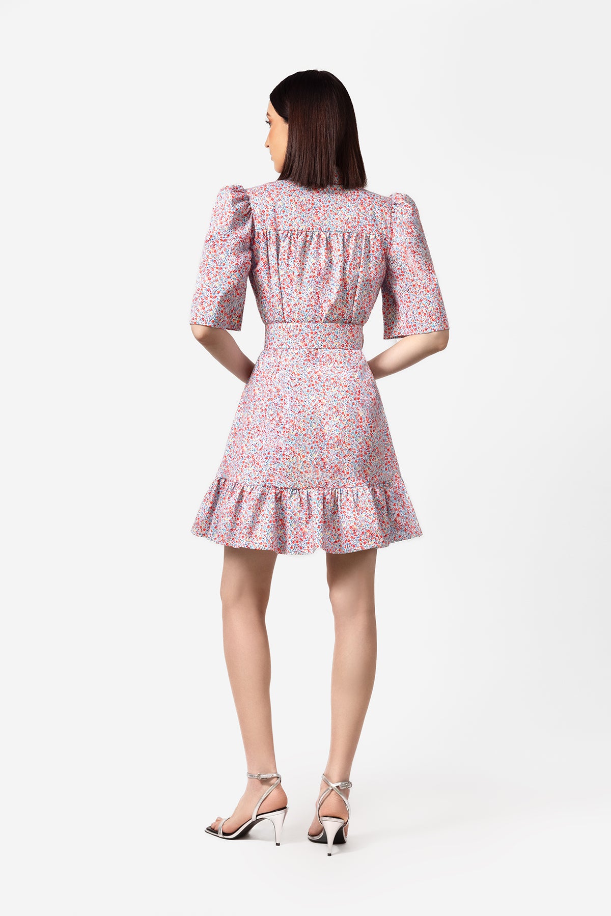 Floral Belted Mini Dress with Puff Sleeves
