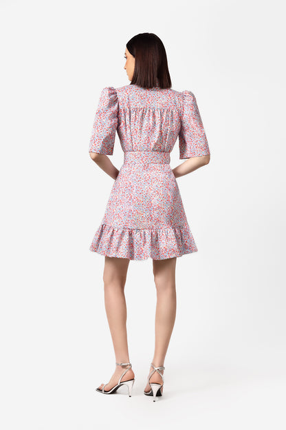 Floral Belted Mini Dress with Puff Sleeves