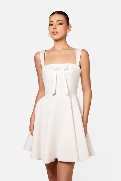 White Sleeveless Mini Dress with Bow Detail
