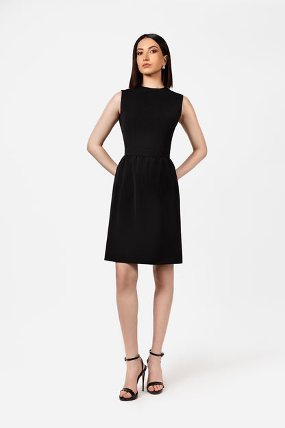 Black Sleeveless Mini Dress with Open Back and Contrast Bow