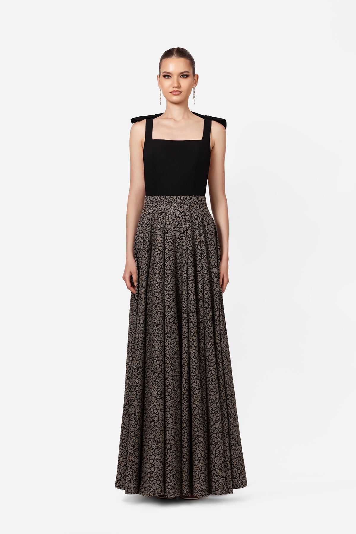 Black Square Neck Maxi Dress with Printed Skirt