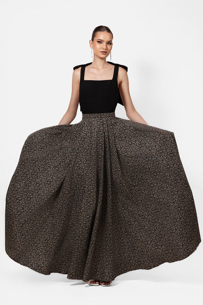 Black Square Neck Maxi Dress with Printed Skirt