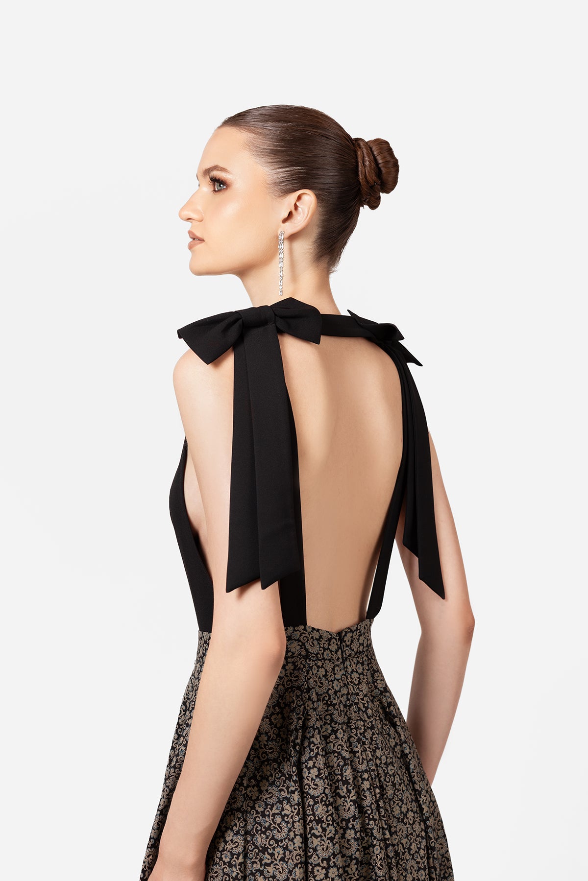 Black Square Neck Maxi Dress with Printed Skirt