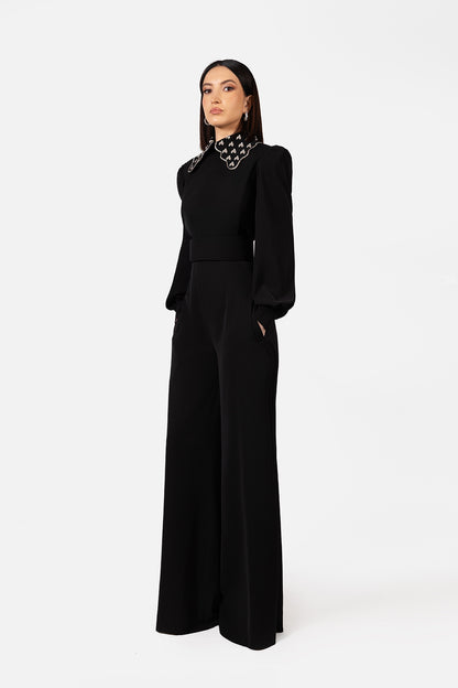 Black Long Sleeve Wide-Leg Jumpsuit with Embellished Collar
