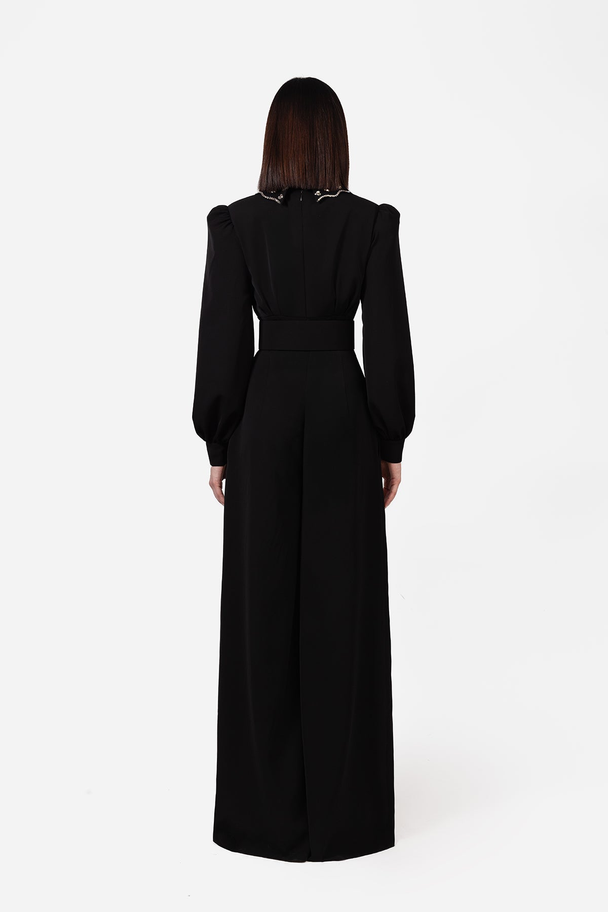 Black Long Sleeve Wide-Leg Jumpsuit with Embellished Collar
