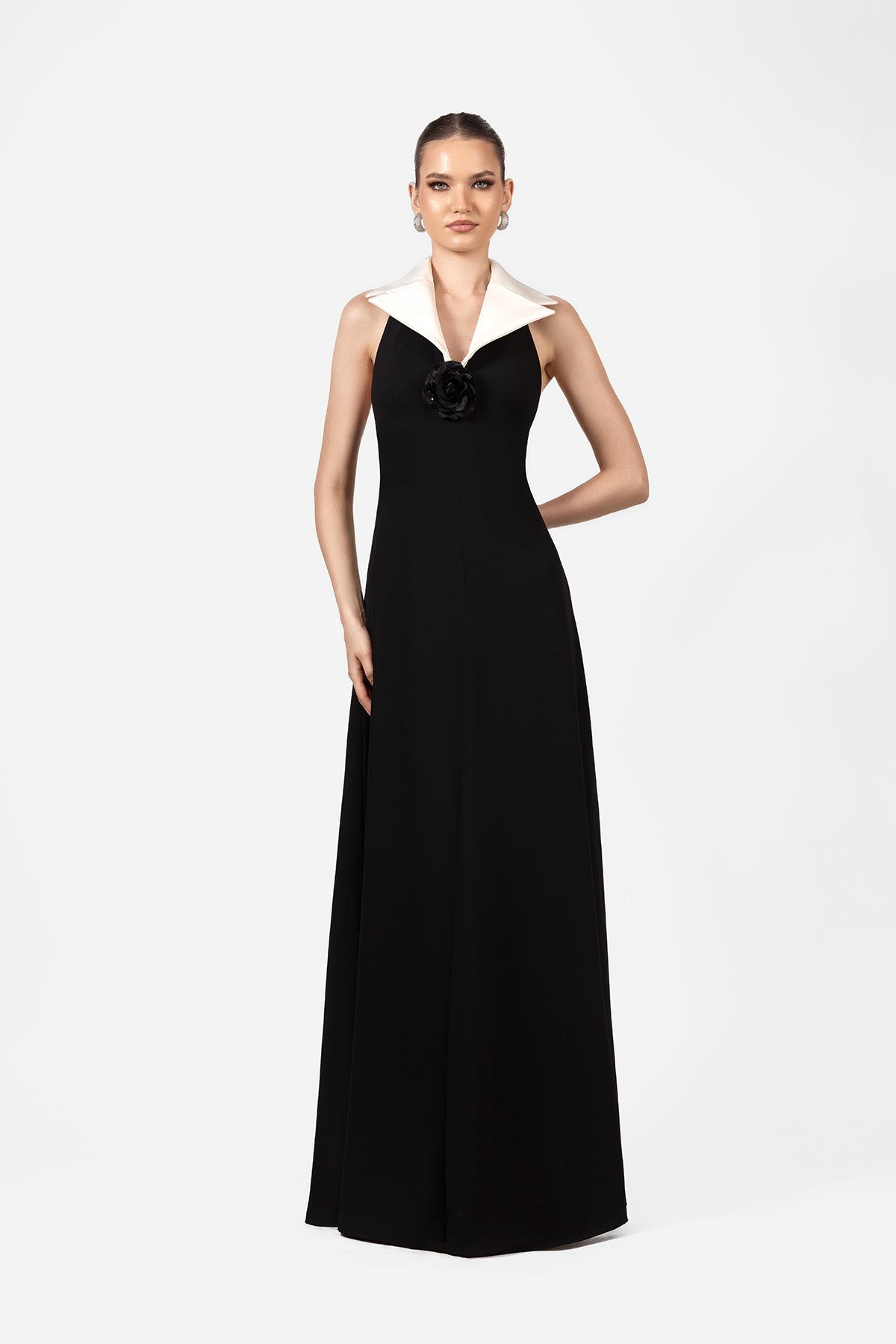 Black Maxi Dress with White Collar and Floral Appliqué