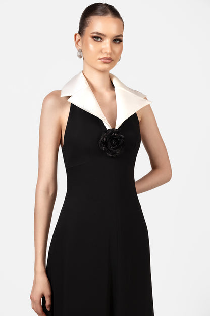 Black Maxi Dress with White Collar and Floral Appliqué