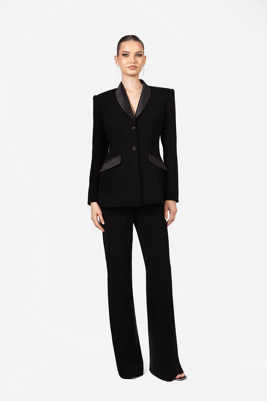 Black Tailored Pantsuit with Satin Lapel