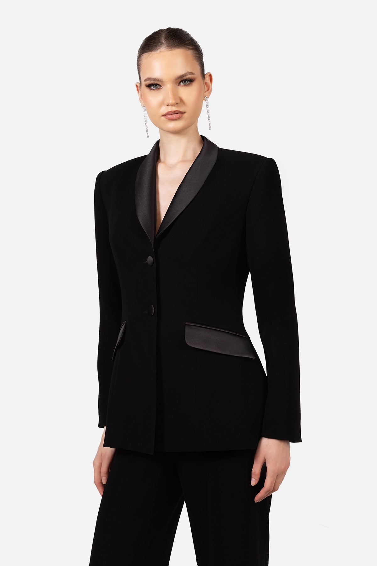 Black Tailored Pantsuit with Satin Lapel