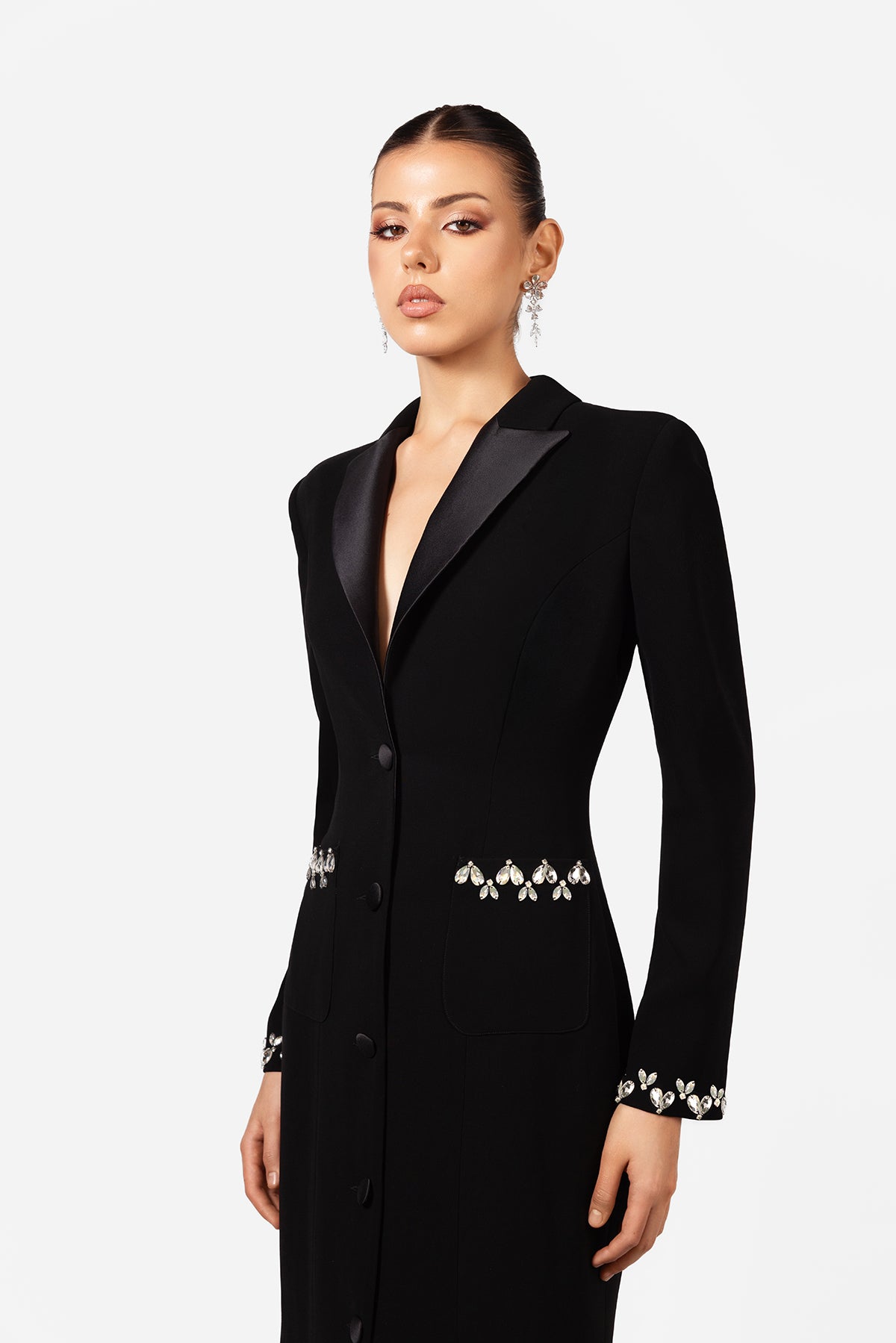 Black Crystal Embellished Blazer Maxi Dress