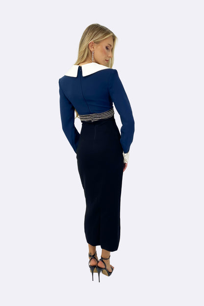 Navy Blue Contrast Collar Midi Dress