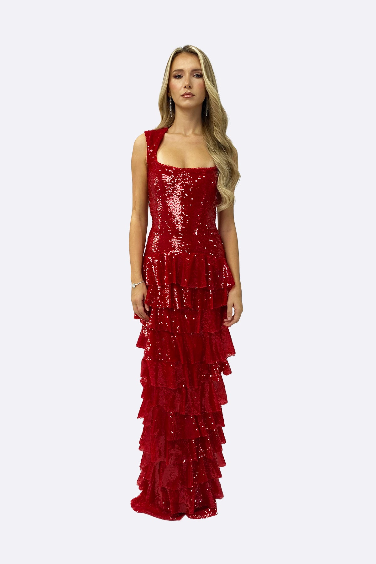 Red Sequin Tiered Maxi Dress