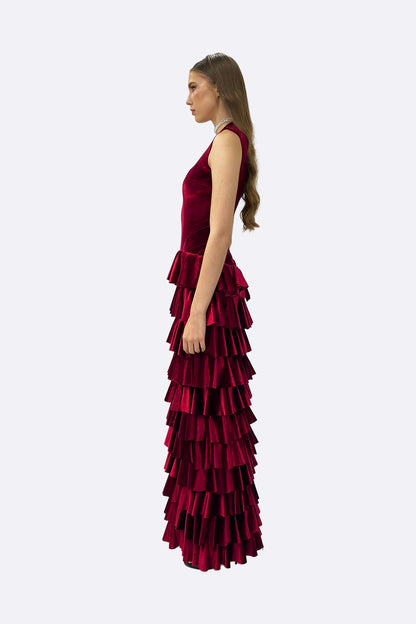 Red Velvet Tiered Ruffle Maxi Dress