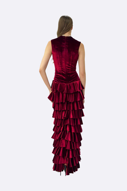 Red Velvet Tiered Ruffle Maxi Dress