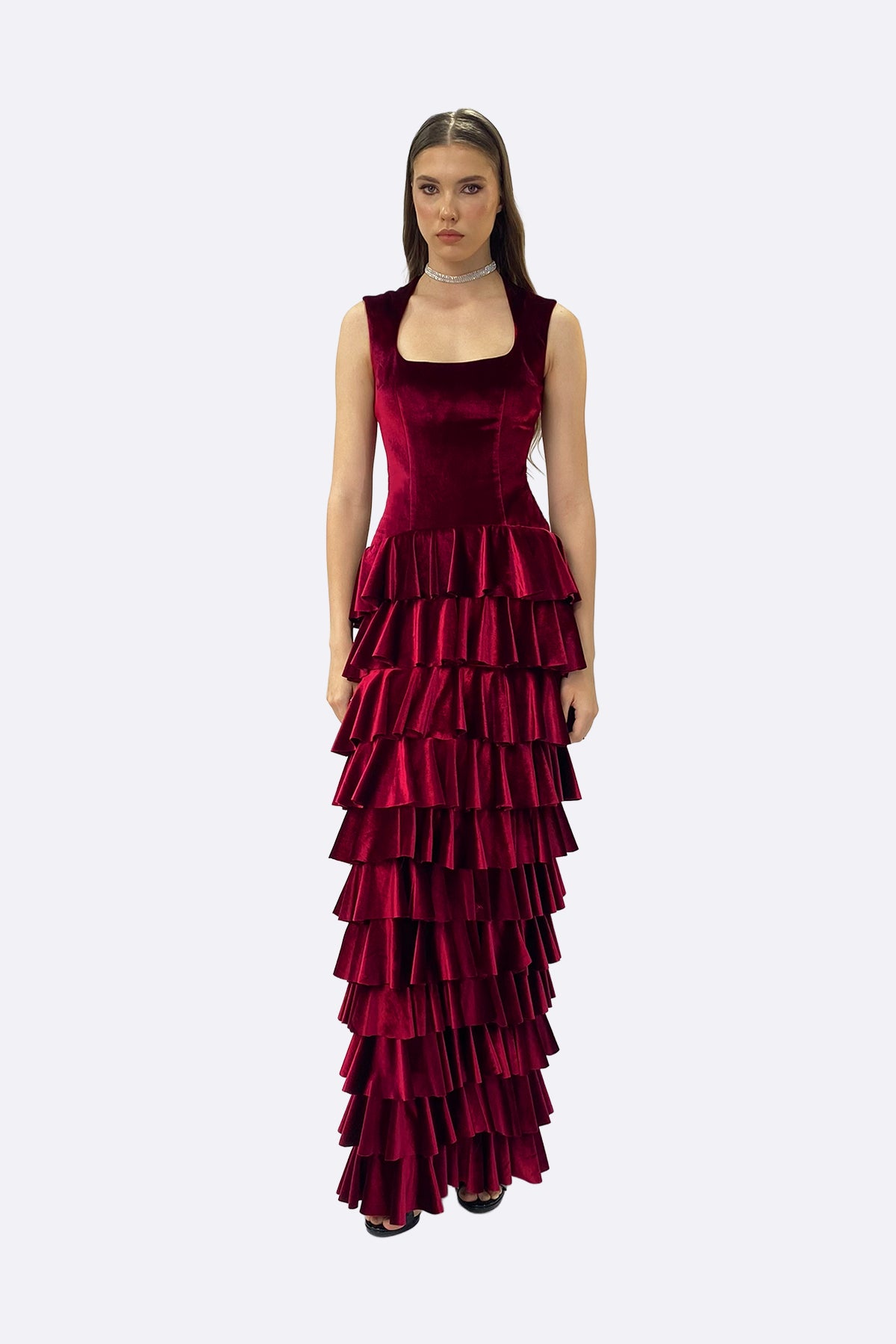 Red Velvet Tiered Ruffle Maxi Dress