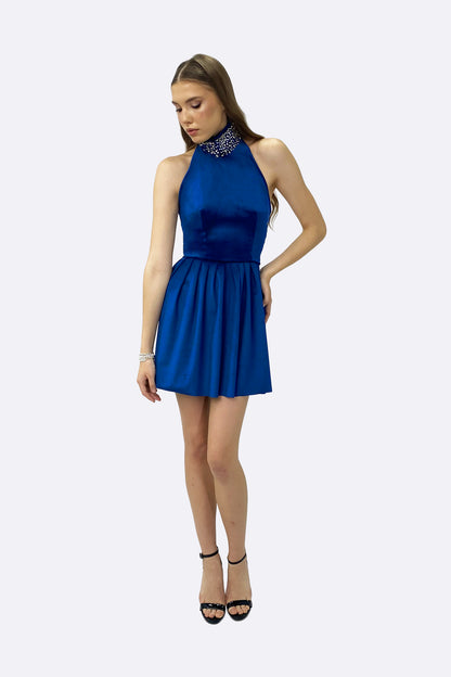 Blue Embellished Halter Mini Dress